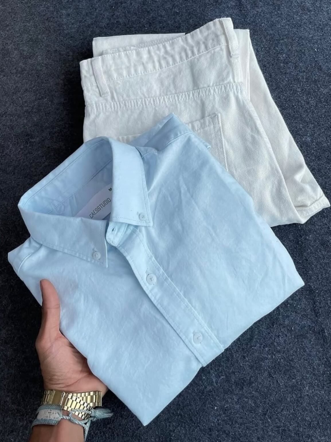 Fresh & Minimal: Light Blue Shirt with Crisp White Bottoms