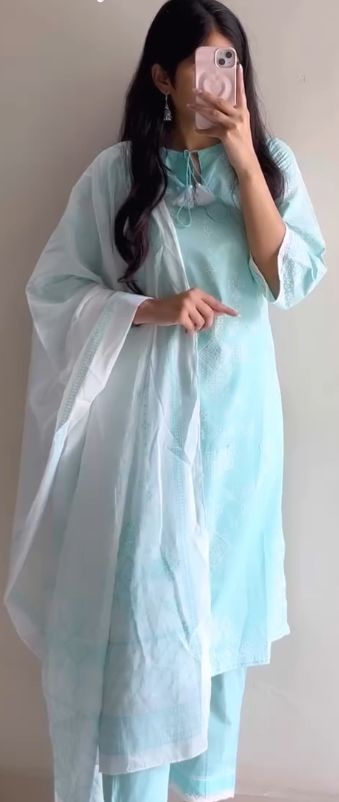 Graceful Sky Blue Floral Kurta Dupatta Set – Elegant Traditional Wear