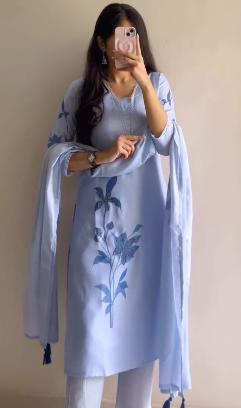 Graceful Sky Blue Floral Kurta Dupatta Set – Elegant Traditional Wear