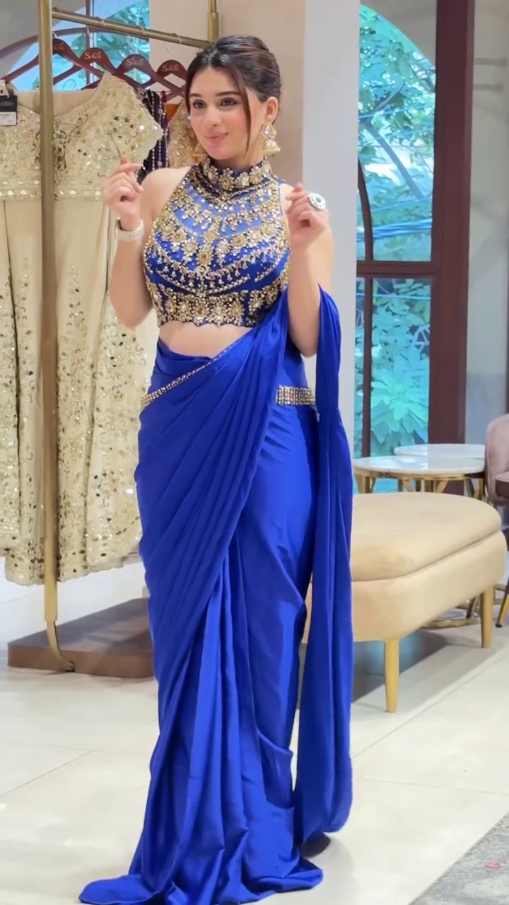 Royal Blue Designer Saree with Embellished Halter Blouse – Glamorous Party Wear Elegance