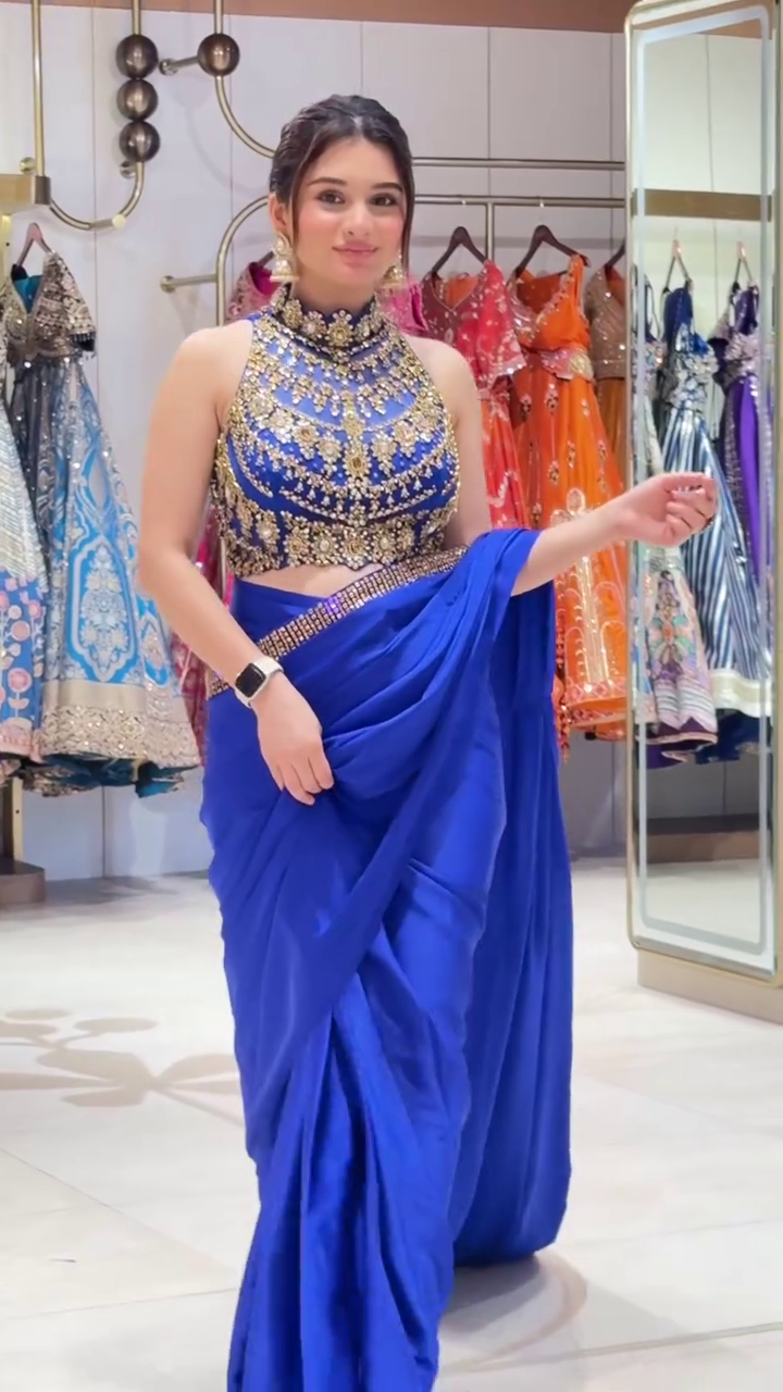 Royal Blue Designer Saree with Embellished Halter Blouse – Glamorous Party Wear Elegance