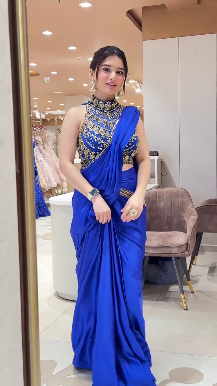 Royal Blue Designer Saree with Embellished Halter Blouse – Glamorous Party Wear Elegance