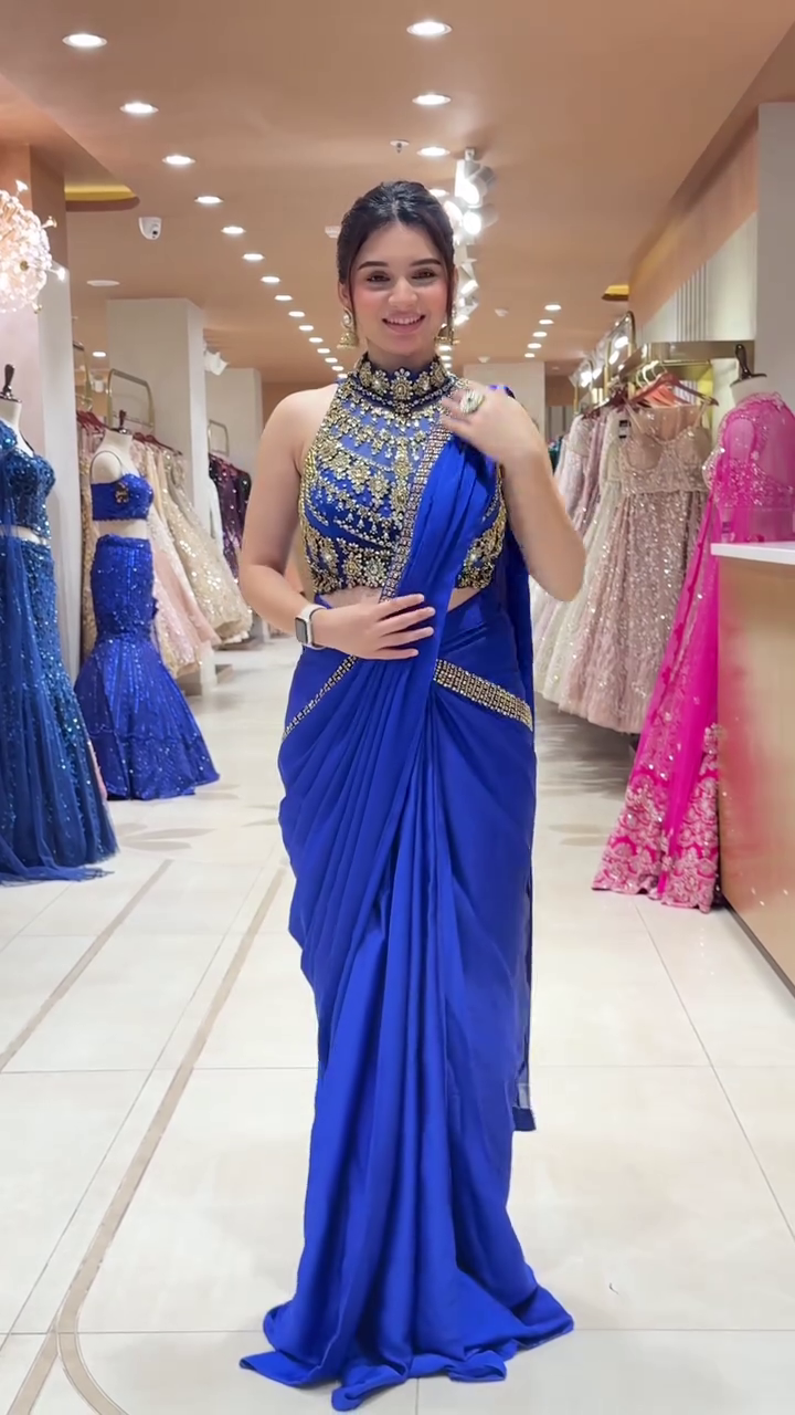 Royal Blue Designer Saree with Embellished Halter Blouse – Glamorous Party Wear Elegance