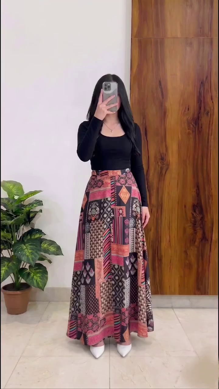 Bohemian Printed Maxi Skirt with White Halter Top – Trendy Fusion Fashion Look