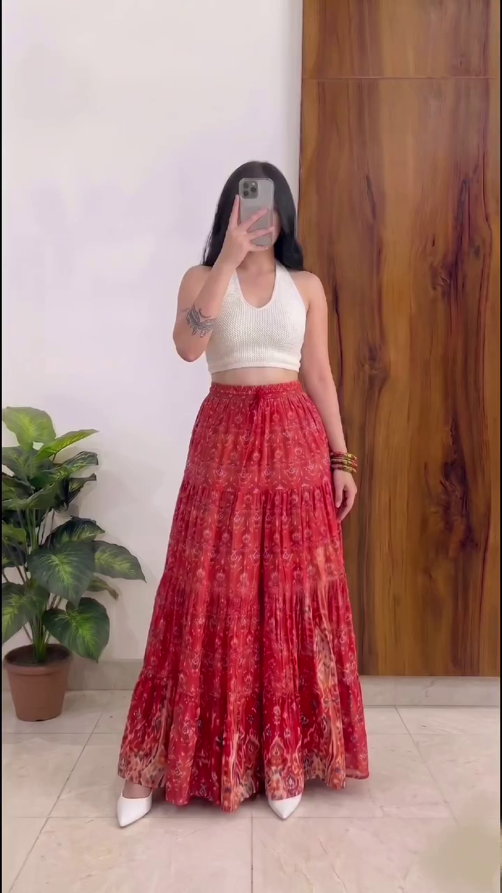 Bohemian Printed Maxi Skirt with White Halter Top – Trendy Fusion Fashion Look