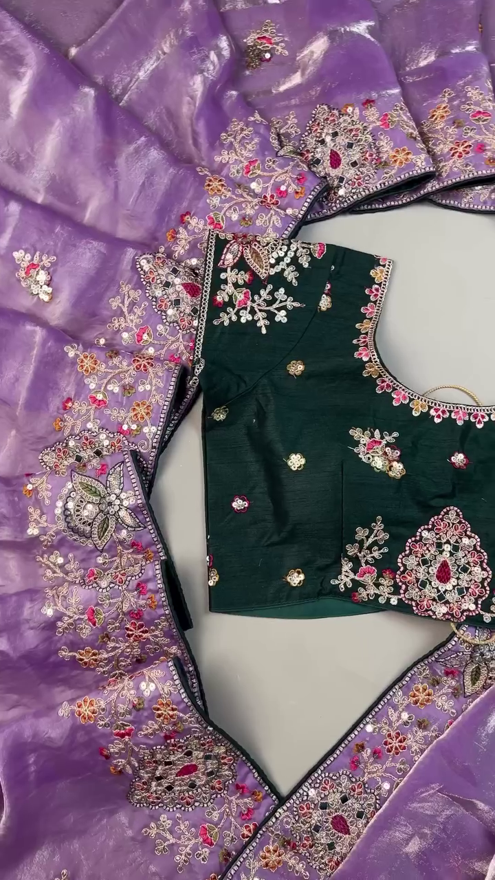 Designer Emerald Green Embroidered Blouse with Lavender Organza Saree – Luxurious Festive Ethnic Glam