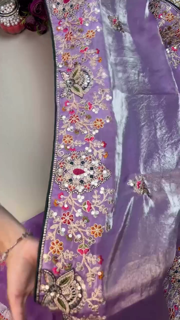 Designer Emerald Green Embroidered Blouse with Lavender Organza Saree – Luxurious Festive Ethnic Glam