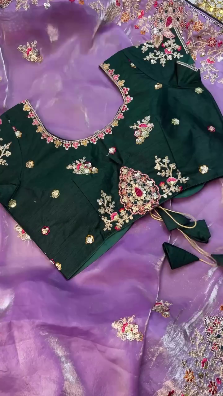 Designer Emerald Green Embroidered Blouse with Lavender Organza Saree – Luxurious Festive Ethnic Glam