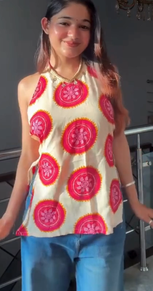 Chic  Printed Strappy Kurti with Blue Pants – Trendy Indo-Western Casual Wear