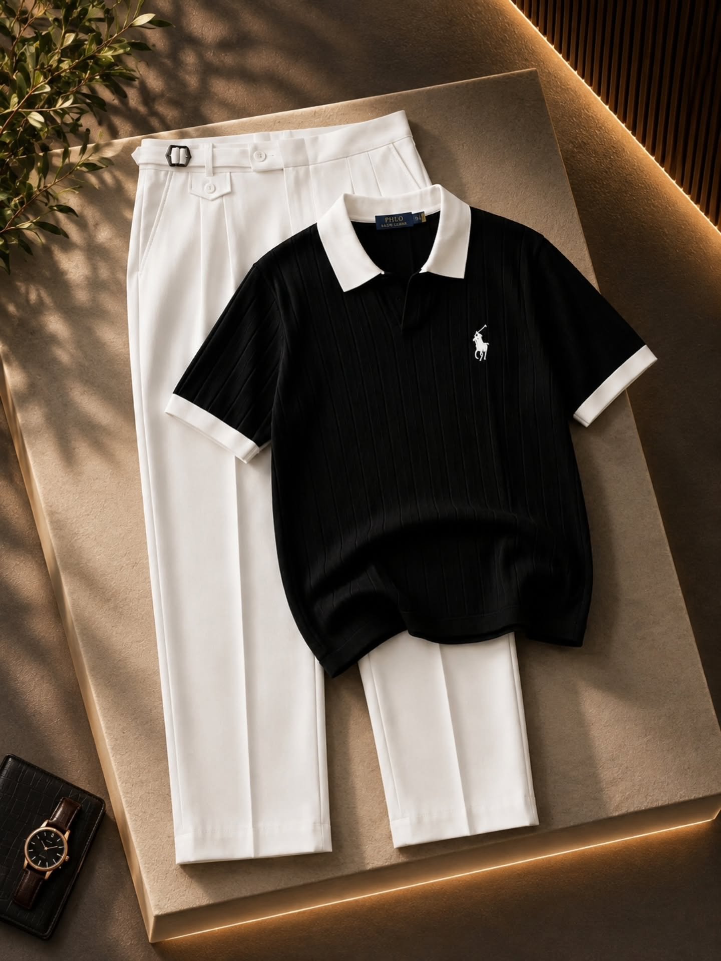 Elevate Your Everyday Style with a Premium White Ribbed Polo & Tailored Brown Trousers Set