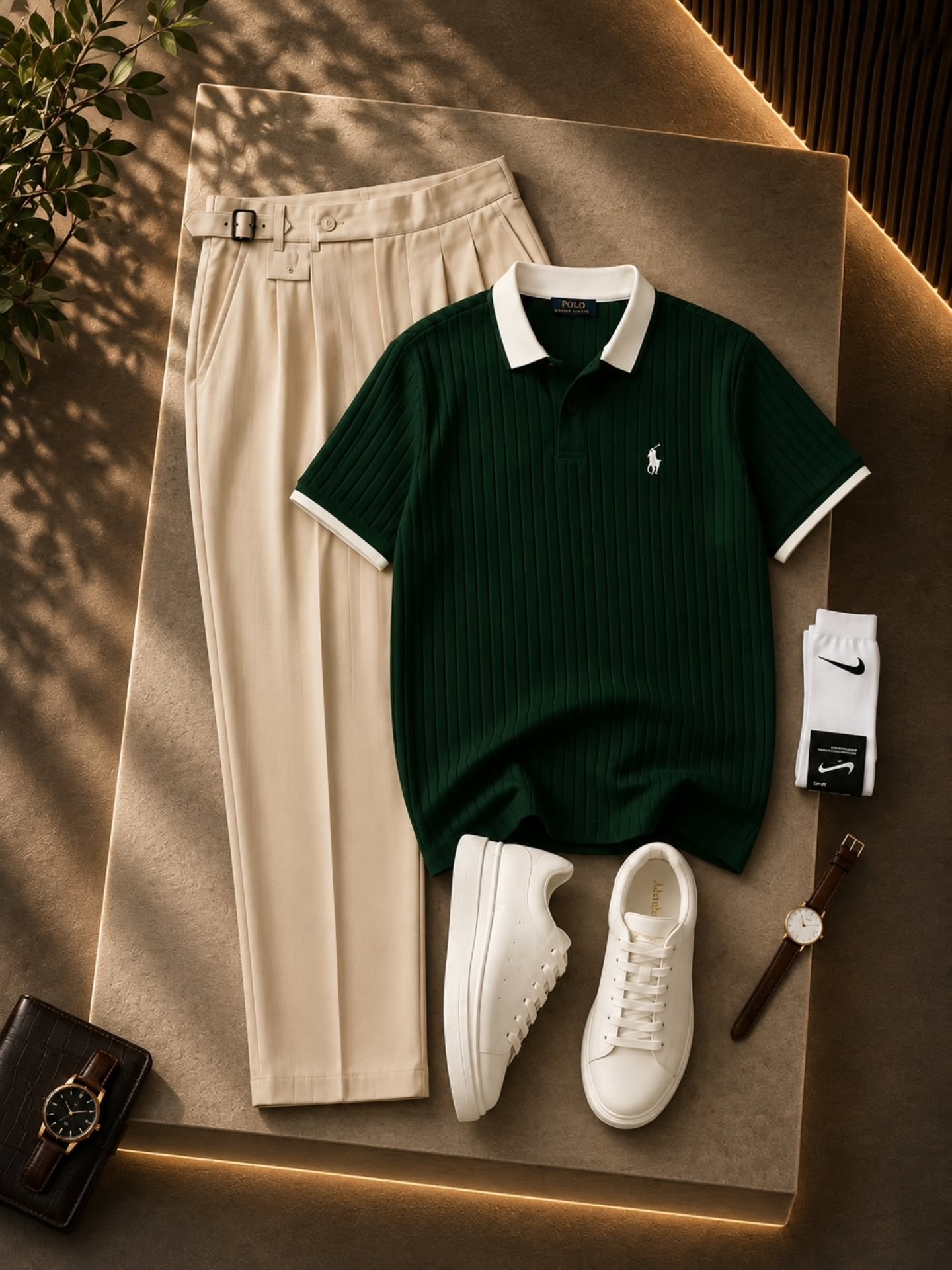 Elevate Your Everyday Style with a Premium White Ribbed Polo & Tailored Brown Trousers Set
