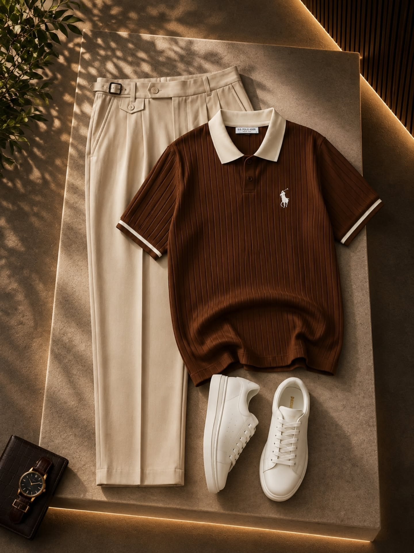 Elevate Your Everyday Style with a Premium White Ribbed Polo & Tailored Brown Trousers Set