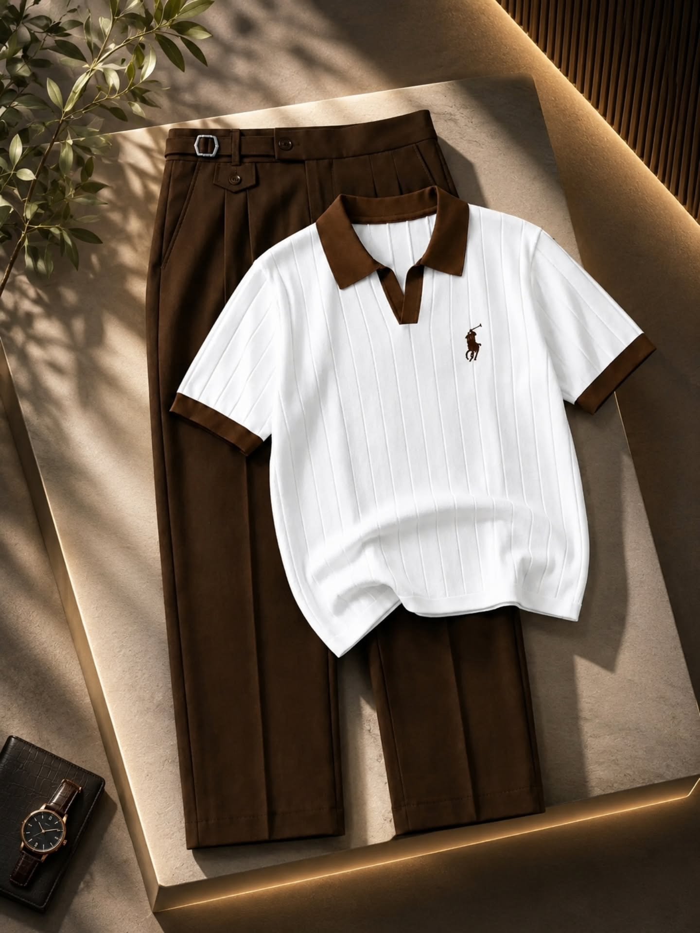 Elevate Your Everyday Style with a Premium White Ribbed Polo & Tailored Brown Trousers Set