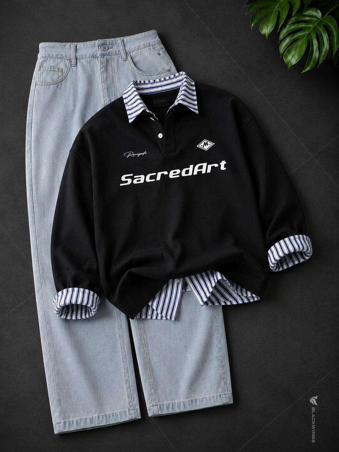 Elevate Your Everyday Wardrobe with a Premium Cream Polo Sweatshirt and Light-Wash Denim Set