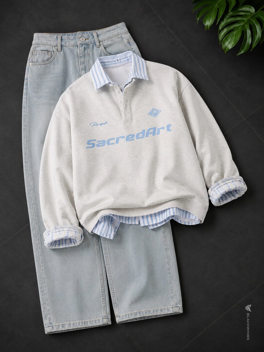 Elevate Your Everyday Wardrobe with a Premium Cream Polo Sweatshirt and Light-Wash Denim Set