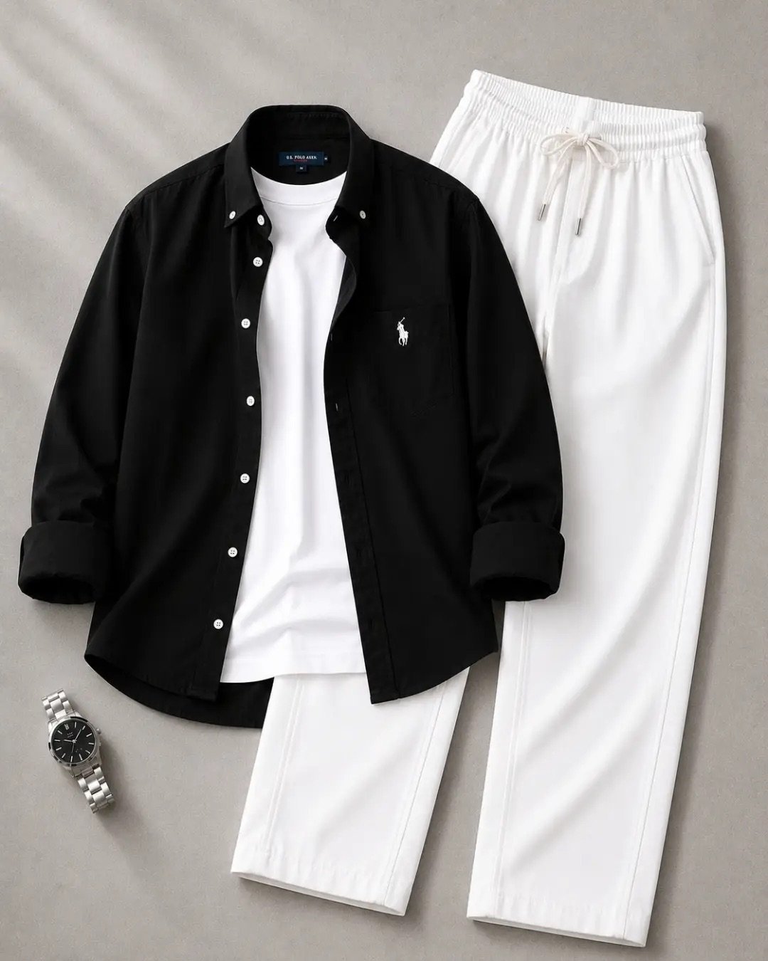 Elevate Your Everyday Wardrobe with a Premium White Shirt and Black Relaxed Trousers Set