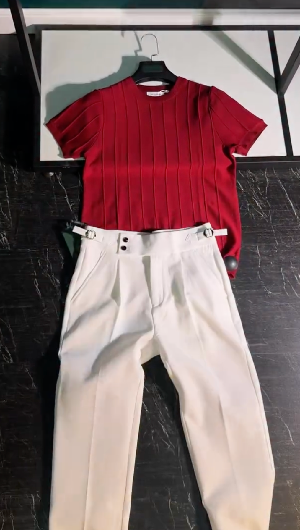 Bold Casual Streetwear Look with a Rich Red Polo T-Shirt, White Denim, Statement Sunglasses and Modern Watch