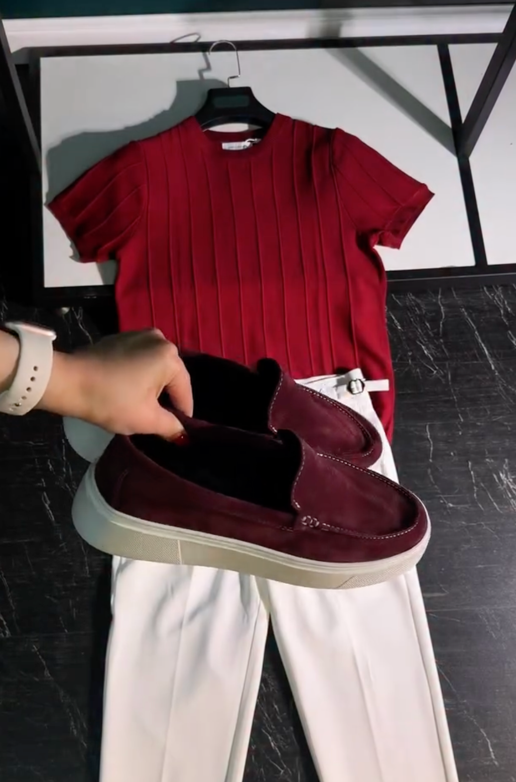 Bold Casual Streetwear Look with a Rich Red Polo T-Shirt, White Denim, Statement Sunglasses and Modern Watch