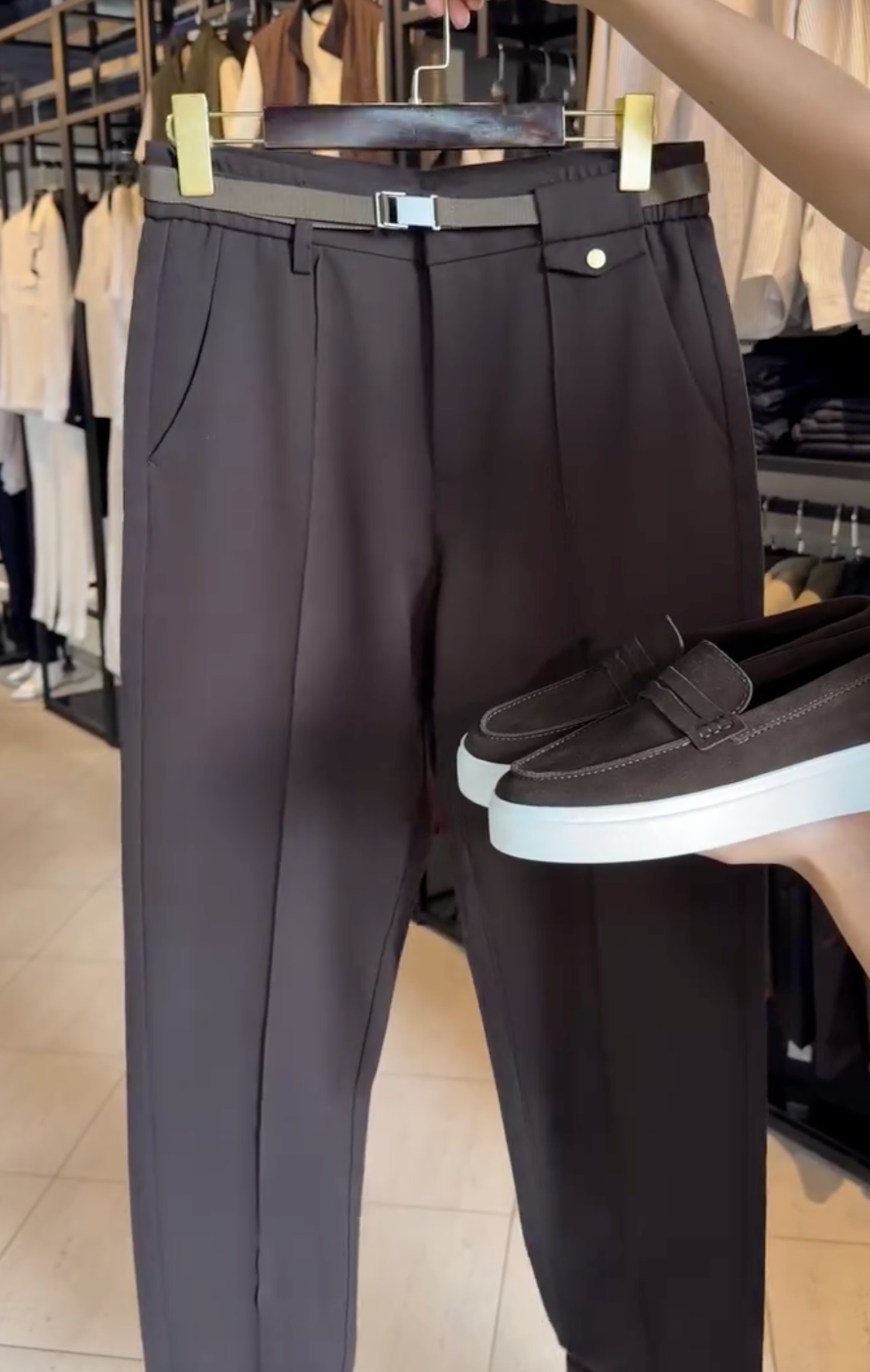 Modern Black Formal Trousers with Adjustable Belt and Sleek Loafer Pair for Refined Everyday Style