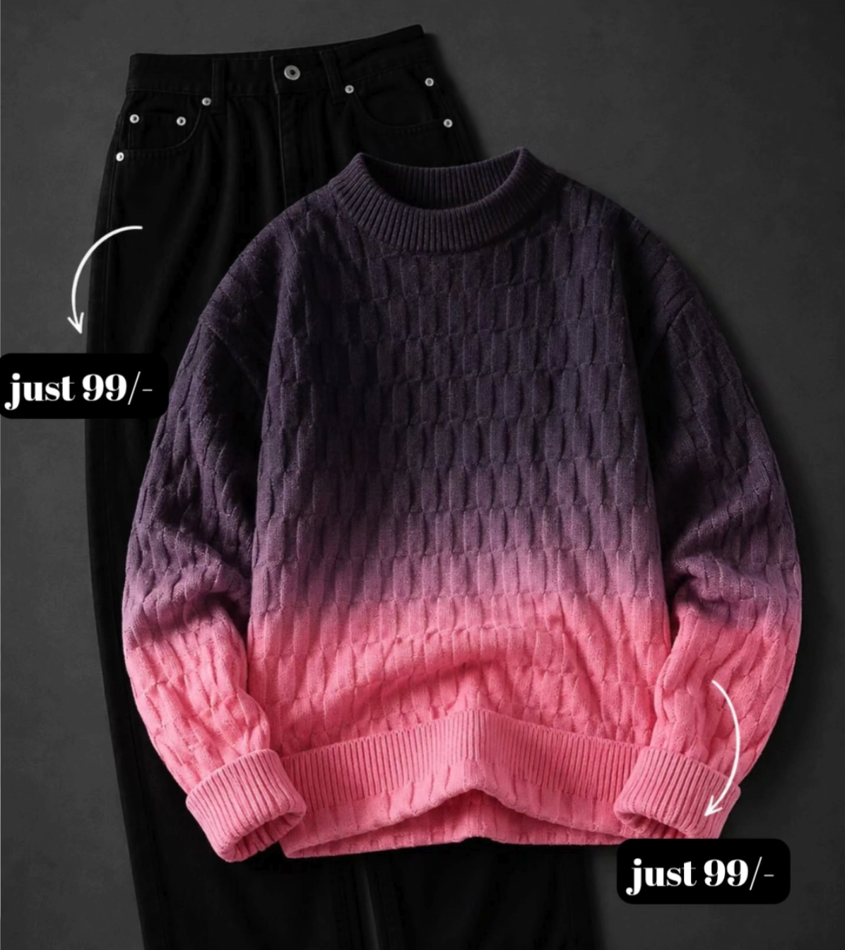 Elevate Your Streetwear Collection with a Stylish Gradient Distressed Sweater & Classic Black Denim Set