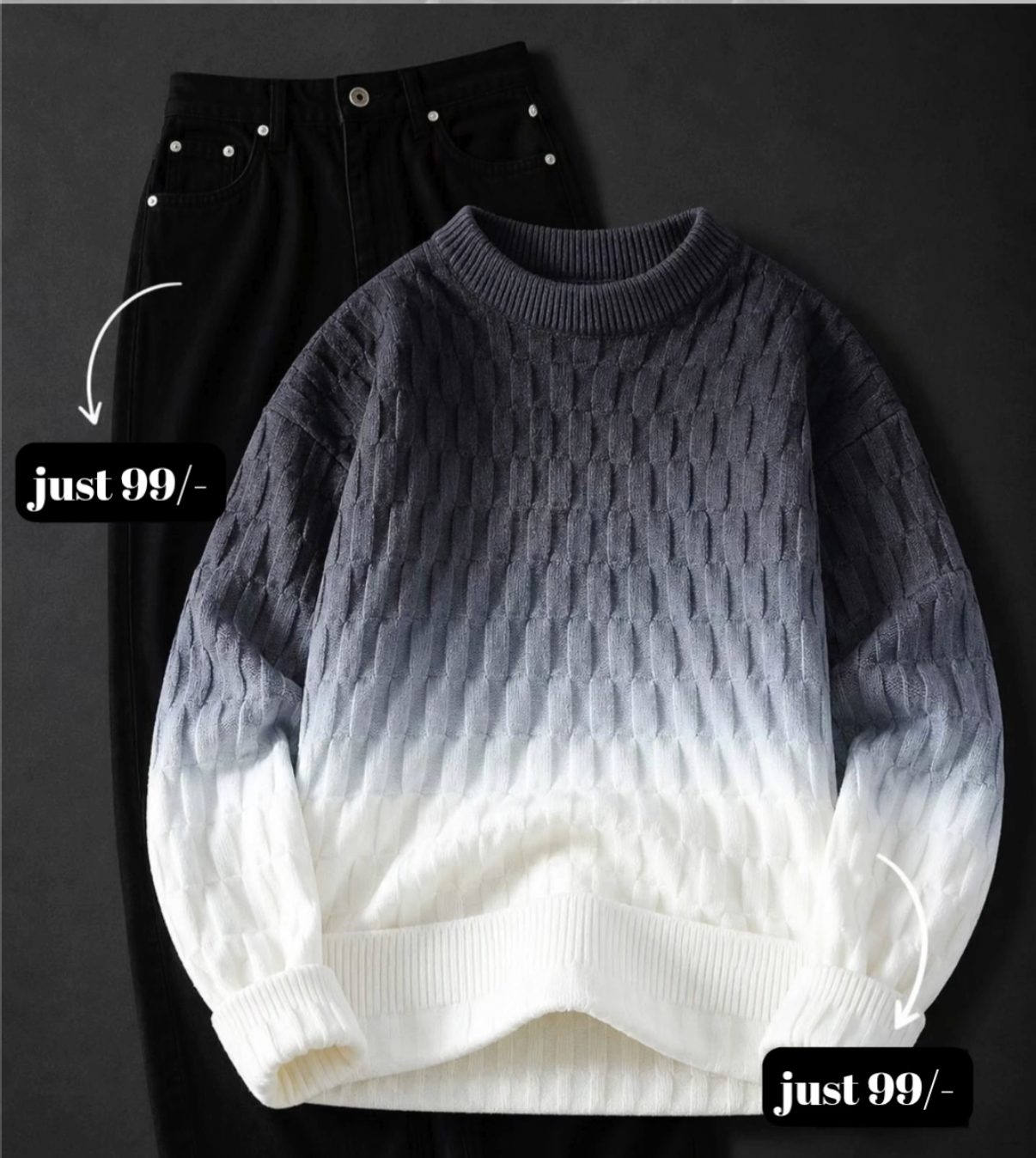 Elevate Your Streetwear Collection with a Stylish Gradient Distressed Sweater & Classic Black Denim Set
