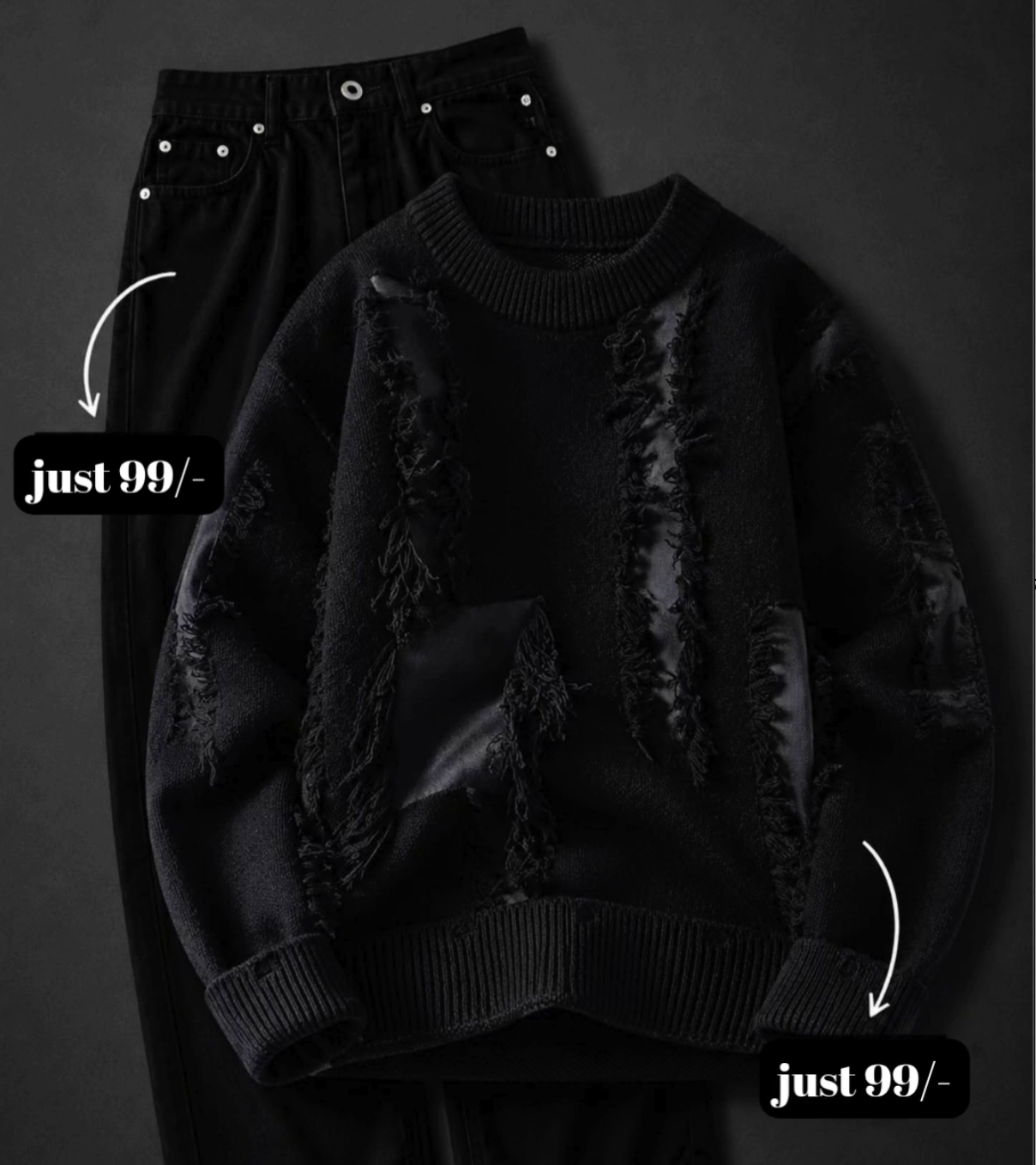 Elevate Your Streetwear Collection with a Stylish Gradient Distressed Sweater & Classic Black Denim Set