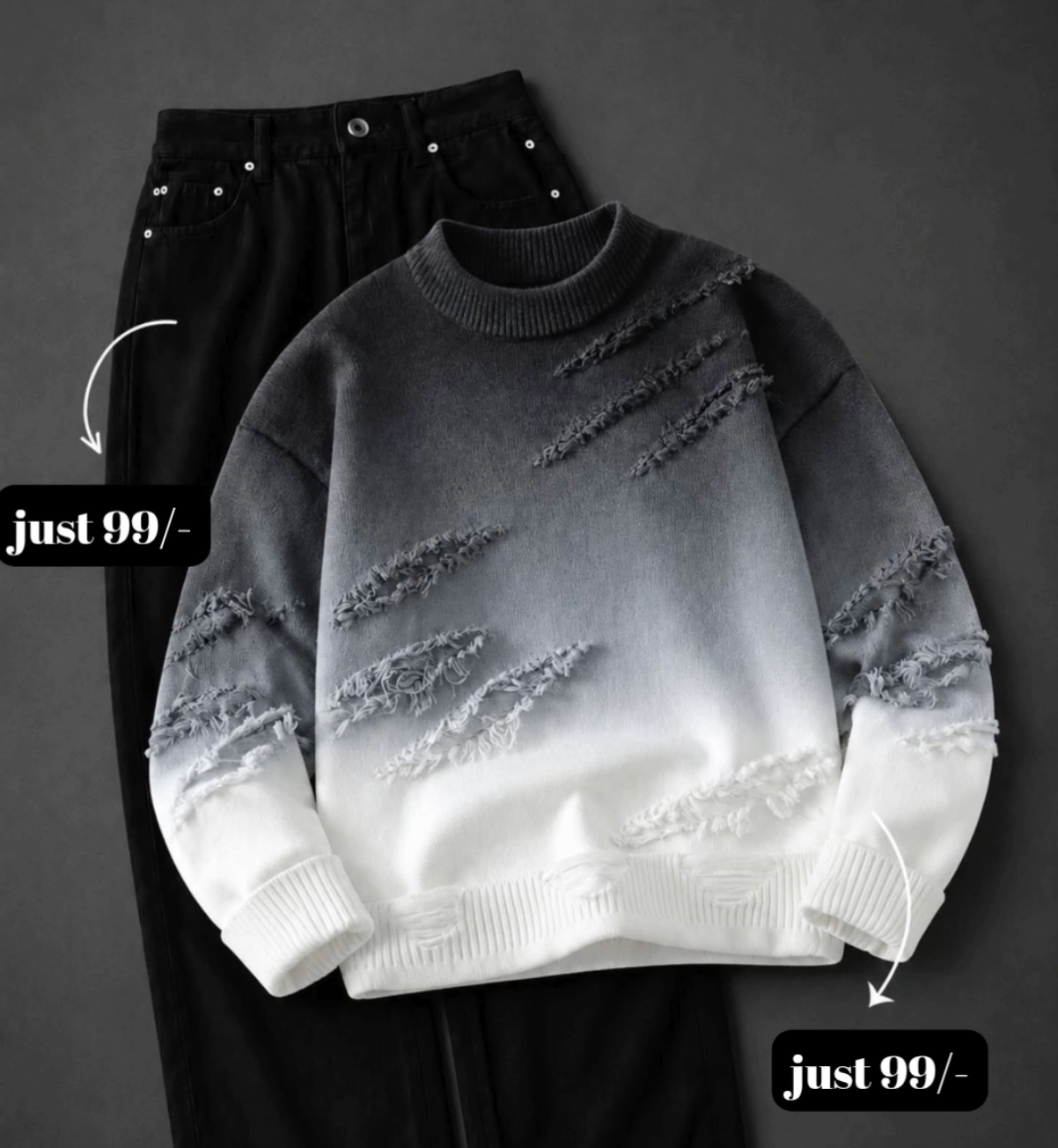 Elevate Your Streetwear Collection with a Stylish Gradient Distressed Sweater & Classic Black Denim Set