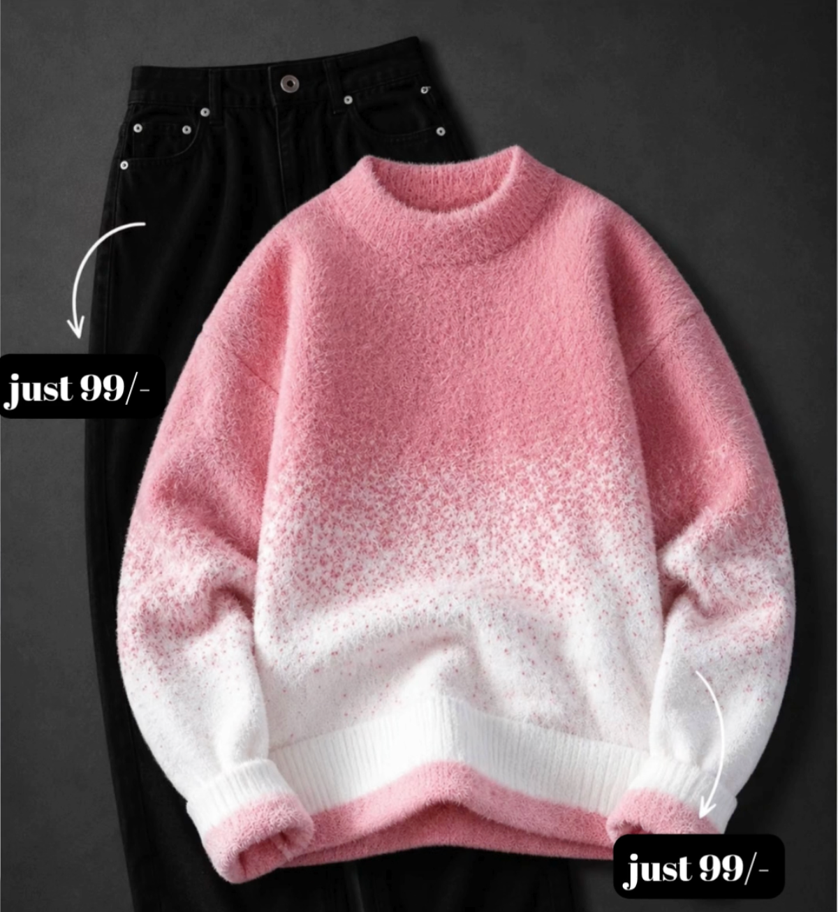 Elevate Your Streetwear Collection with a Stylish Gradient Distressed Sweater & Classic Black Denim Set
