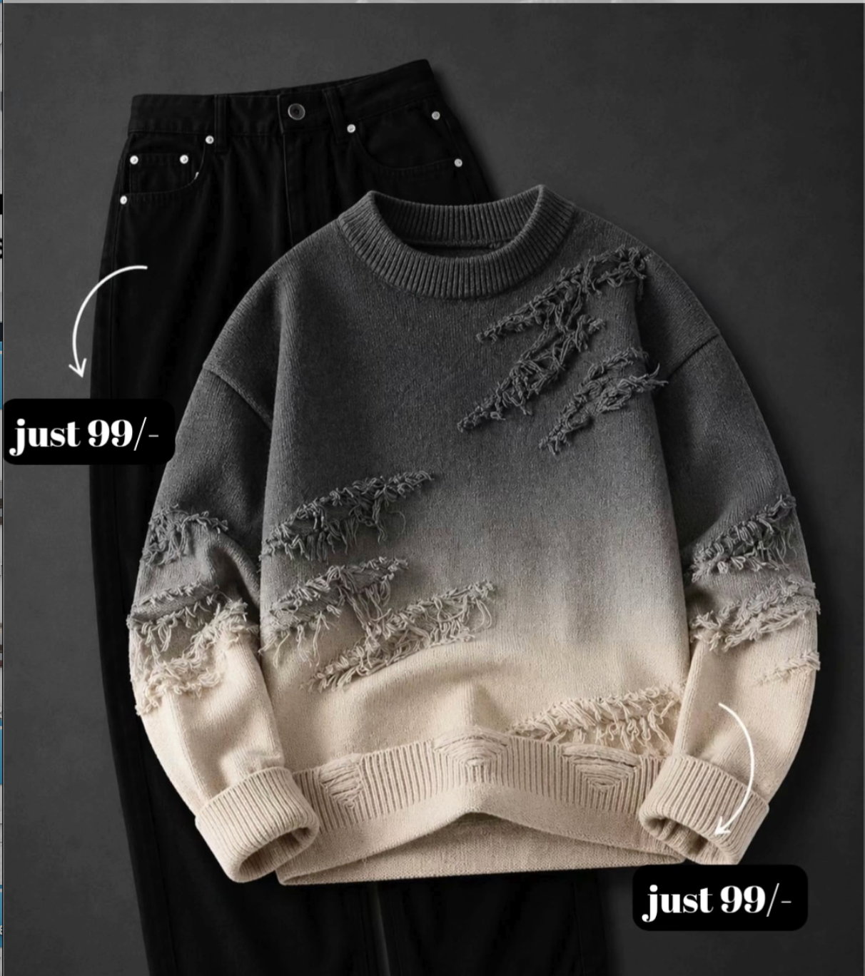 Elevate Your Streetwear Collection with a Stylish Gradient Distressed Sweater & Classic Black Denim Set