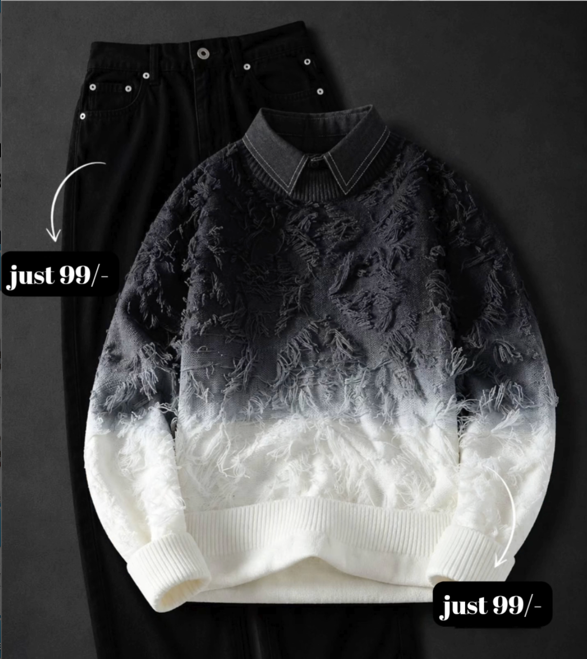 Elevate Your Streetwear Collection with a Stylish Gradient Distressed Sweater & Classic Black Denim Set