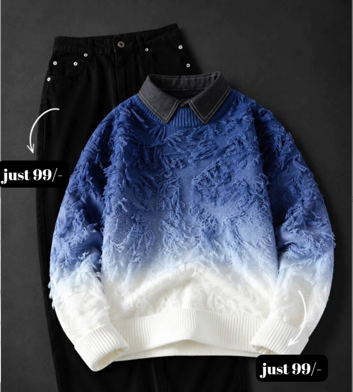 Elevate Your Streetwear Collection with a Stylish Gradient Distressed Sweater & Classic Black Denim Set