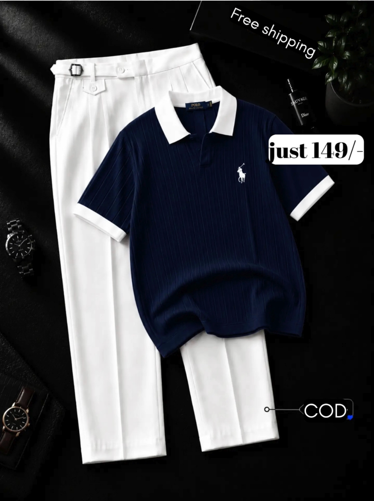 Timeless Black Polo Shirt with Crisp White Trousers – Effortless Premium Style for Every Occasion