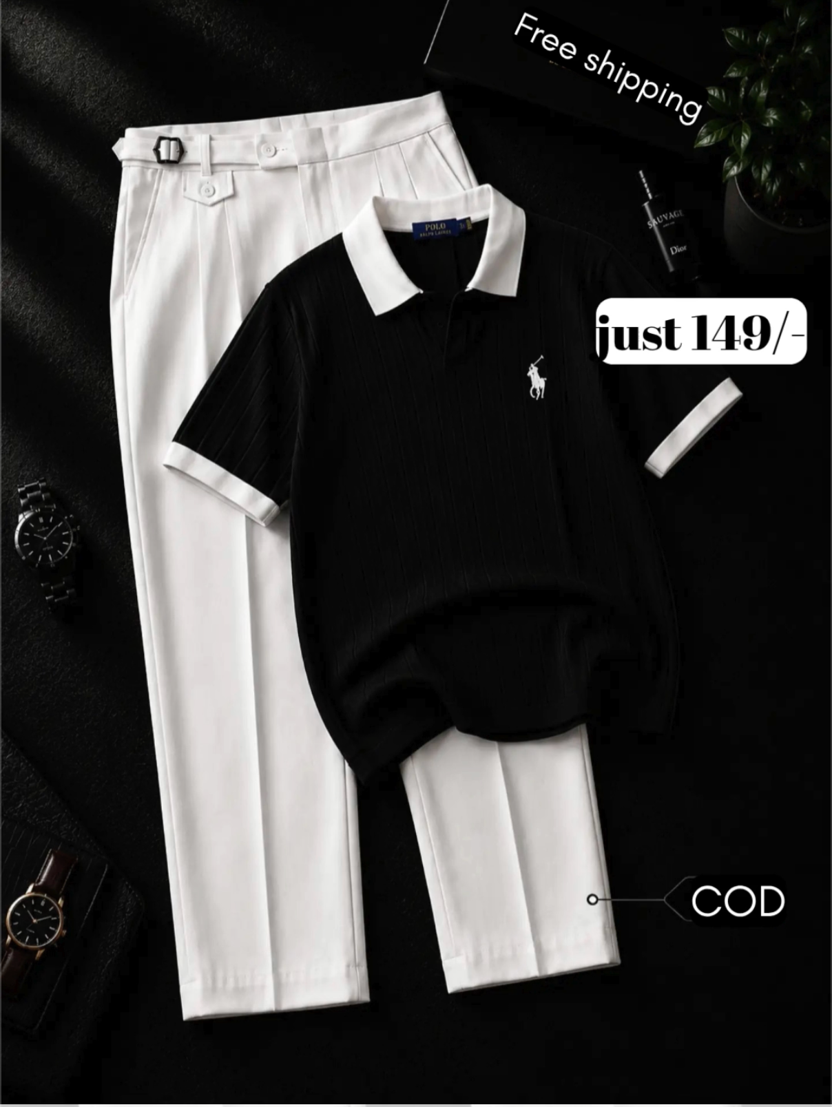 Timeless Black Polo Shirt with Crisp White Trousers – Effortless Premium Style for Every Occasion