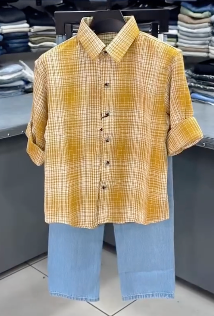 Men’s Mustard  Checkered Shirt with Light Blue Jeans | Stylish Casual 2-Piece Outfit for Everyday Wear