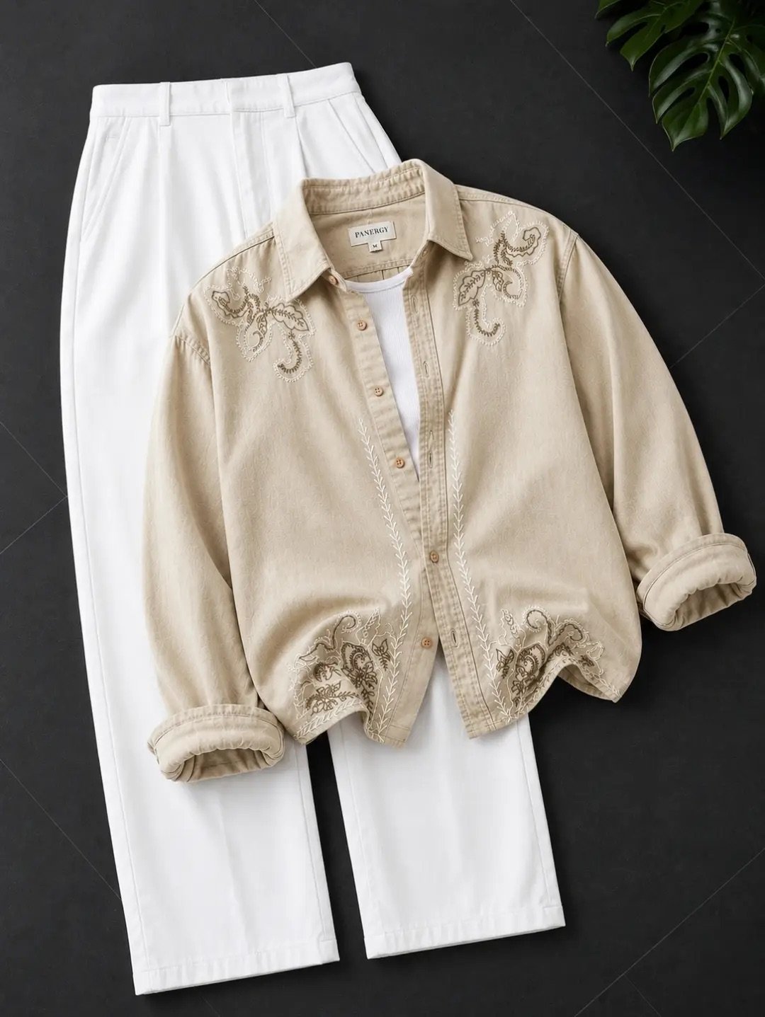 Elegant Beige Printed Shirt & Trousers Co-Ord Set – Contemporary Casual Style