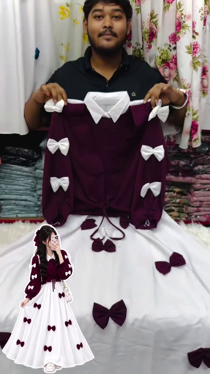 Burgundy & White Bow-Detail Dress Set – Elegant, Feminine & Charming Party Wear