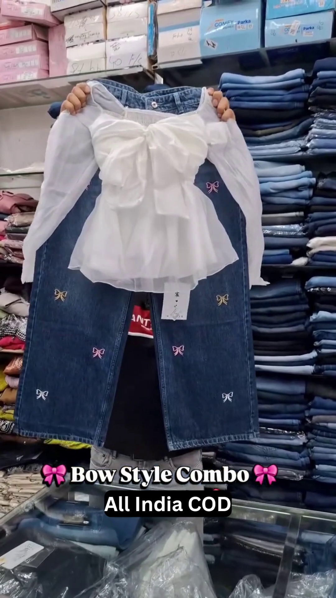 Elegant Bow Style Denim & White Top Combo for Trendy Girls