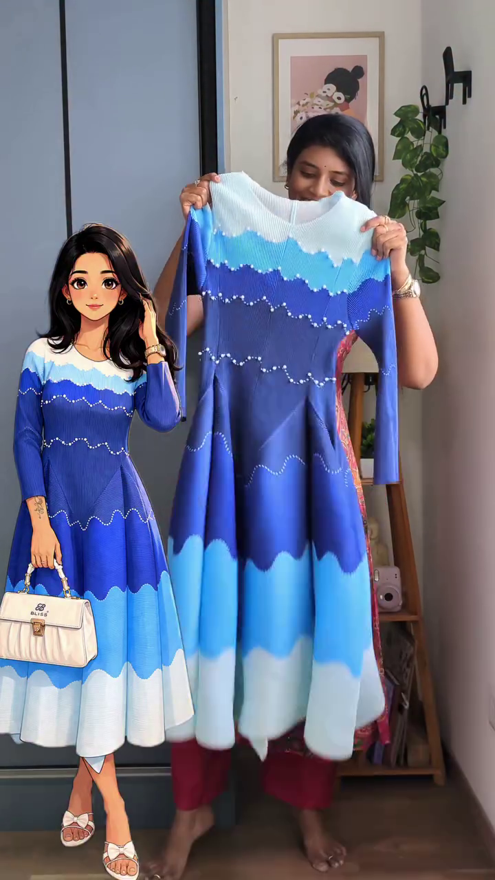 Elegant Blue Wave Pattern Midi Dress for a Stylish Feminine Look