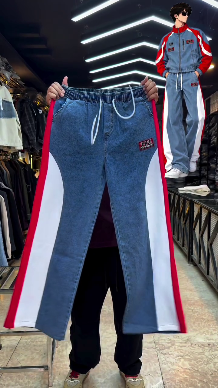 Trendy Blue Denim Track Jacket and Matching Jogger Set with Bold Red Stripes for a Stylish Streetwear Look