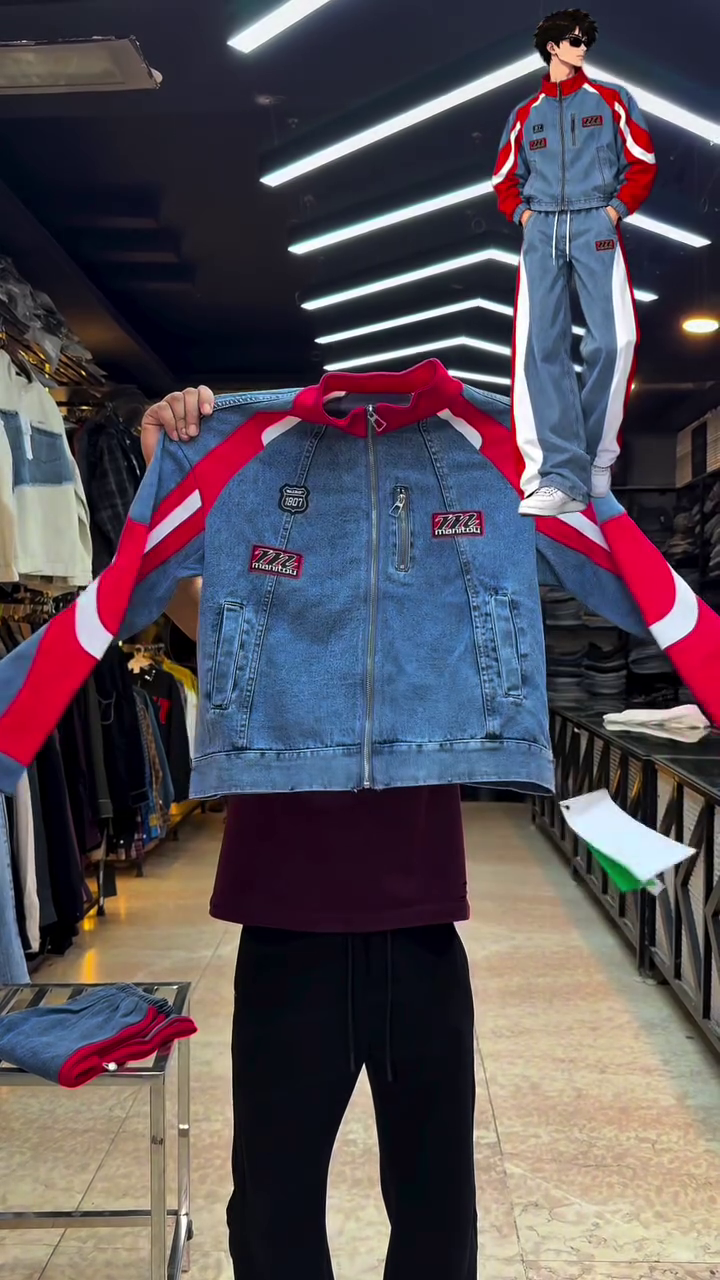 Trendy Blue Denim Track Jacket and Matching Jogger Set with Bold Red Stripes for a Stylish Streetwear Look