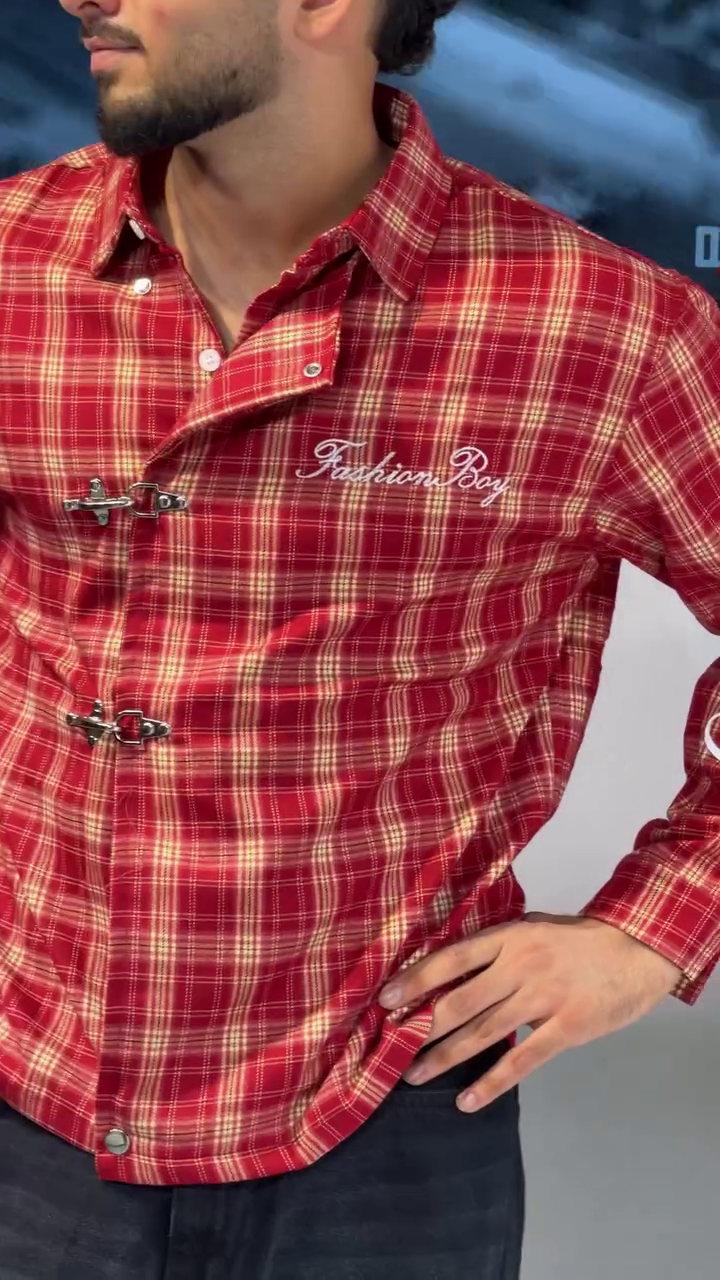 Trendy Red Plaid Checkered Jacket for Men with Statement Sleeve Prints and Stylish Button-Front Design for a Modern Casual Look