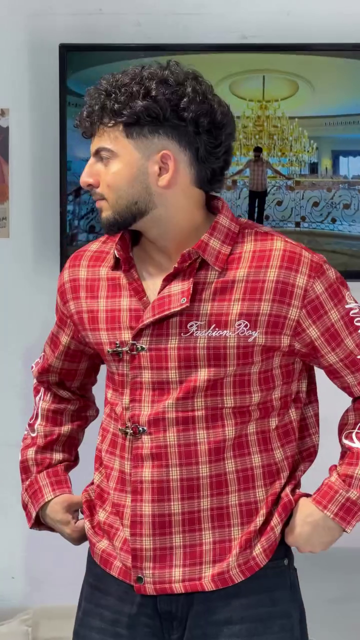 Trendy Red Plaid Checkered Jacket for Men with Statement Sleeve Prints and Stylish Button-Front Design for a Modern Casual Look