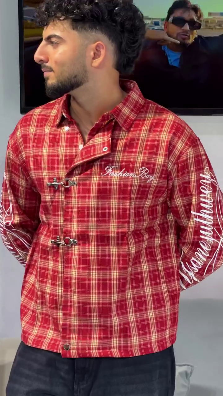 Trendy Red Plaid Checkered Jacket for Men with Statement Sleeve Prints and Stylish Button-Front Design for a Modern Casual Look