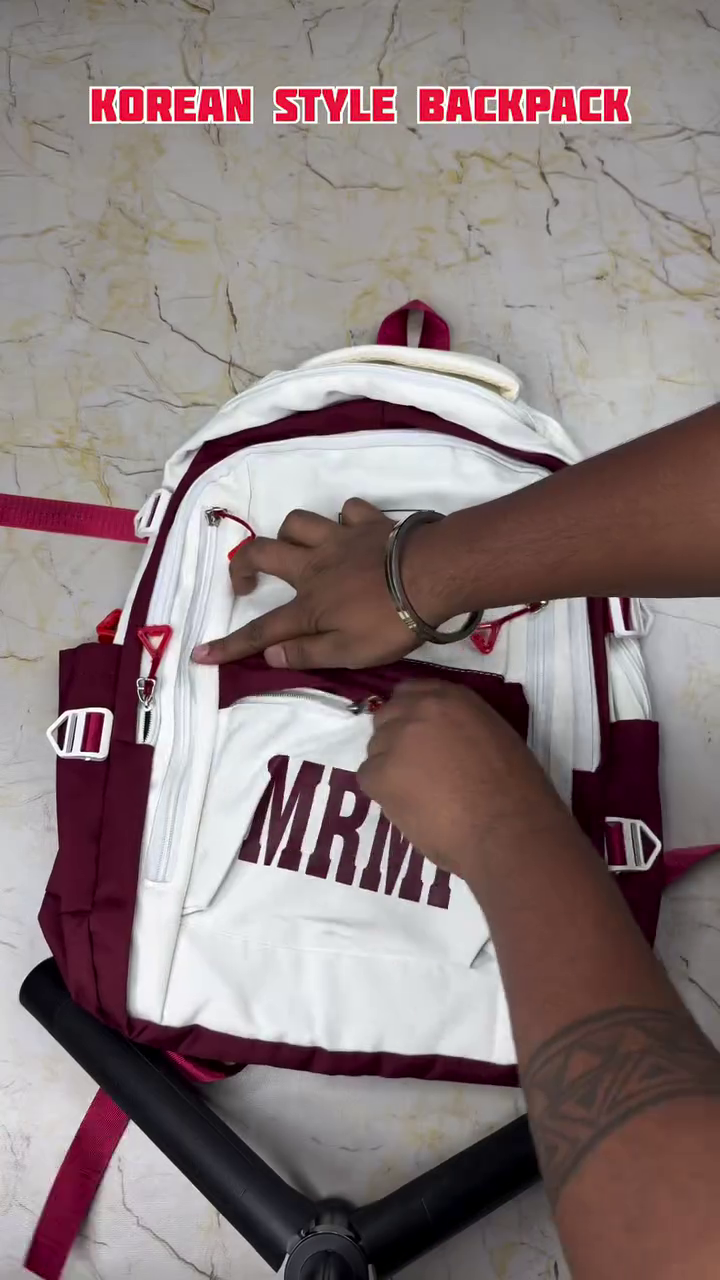Stylish Korean-Style Backpack in White and Burgundy with Spacious Compartments, Comfortable Design, and Trendy Everyday Appeal