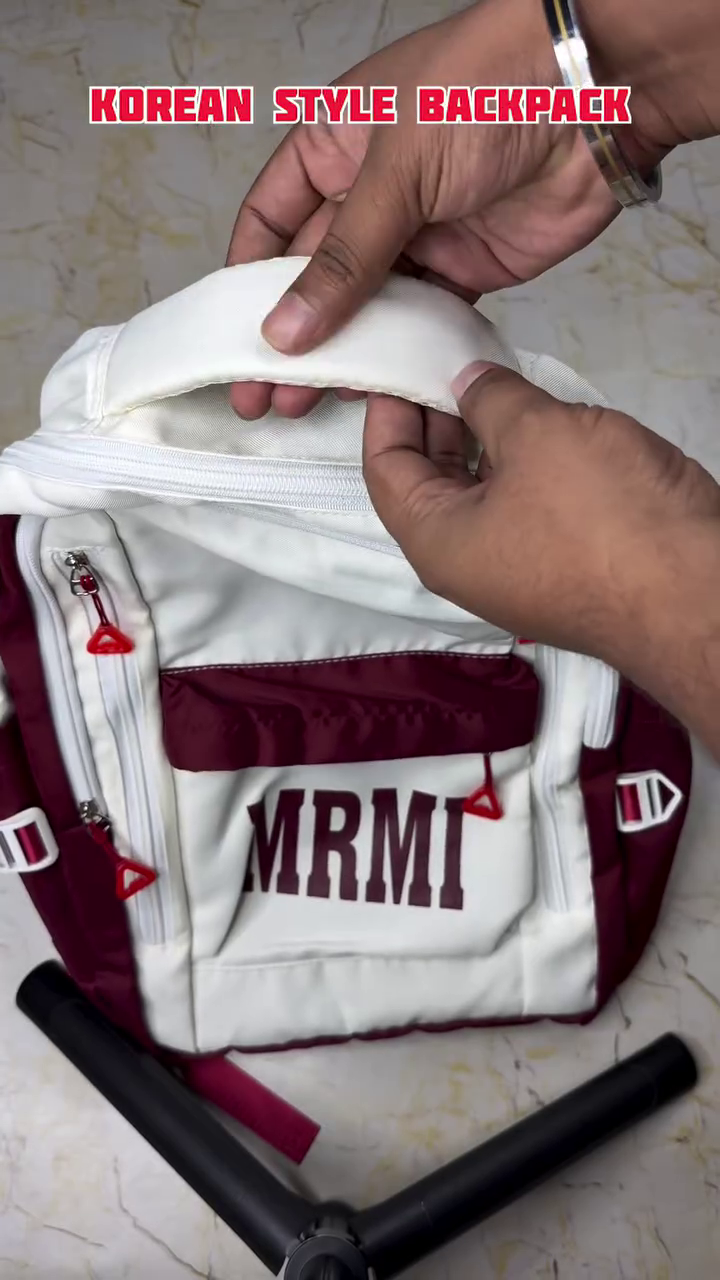 Stylish Korean-Style Backpack in White and Burgundy with Spacious Compartments, Comfortable Design, and Trendy Everyday Appeal