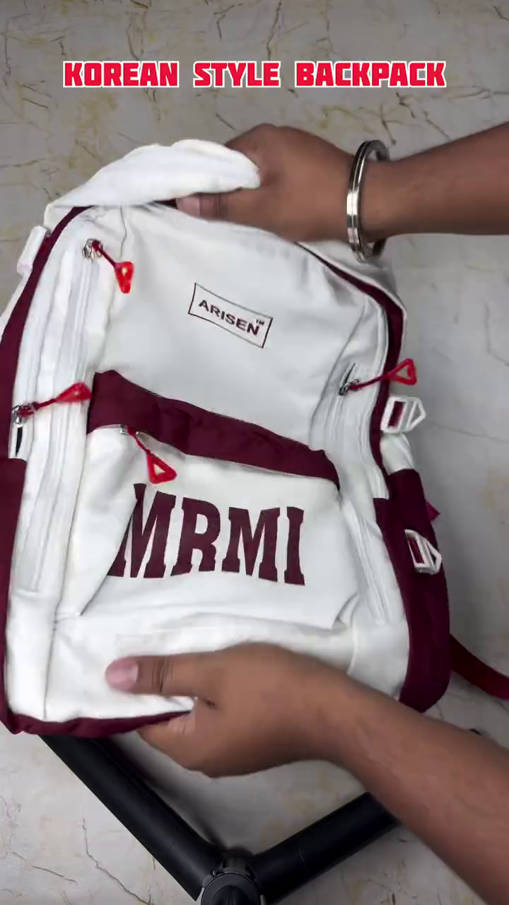 Stylish Korean-Style Backpack in White and Burgundy with Spacious Compartments, Comfortable Design, and Trendy Everyday Appeal
