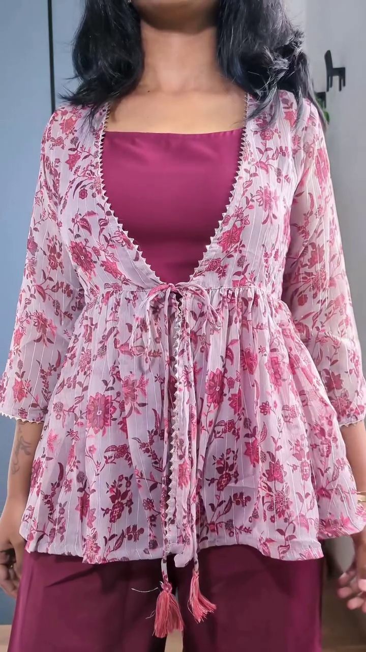 Elegant Pink Floral Printed Co-Ord Set for Women with Flared Pants and Lightweight Peplum Overlay for a Stylish Everyday Look