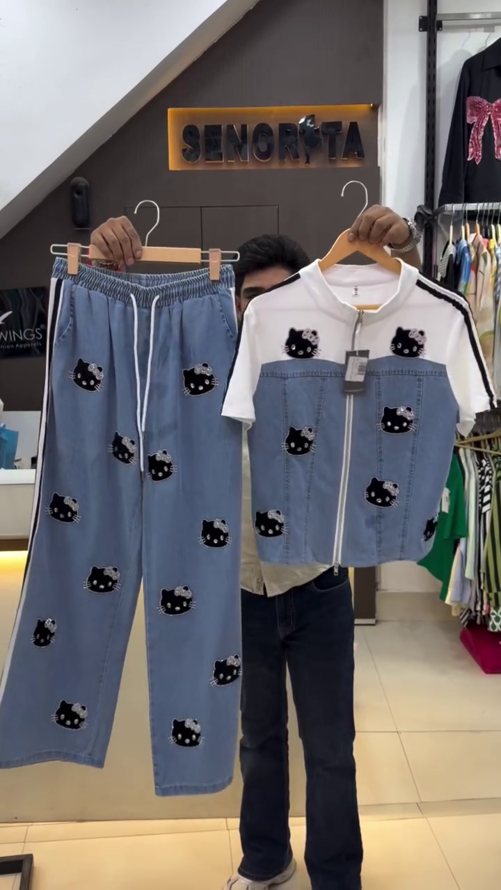 Trendy Mickey Mouse Printed Denim Co-Ord Set with Black Track Jacket and Matching Jogger Pants for a Fun Casual Look