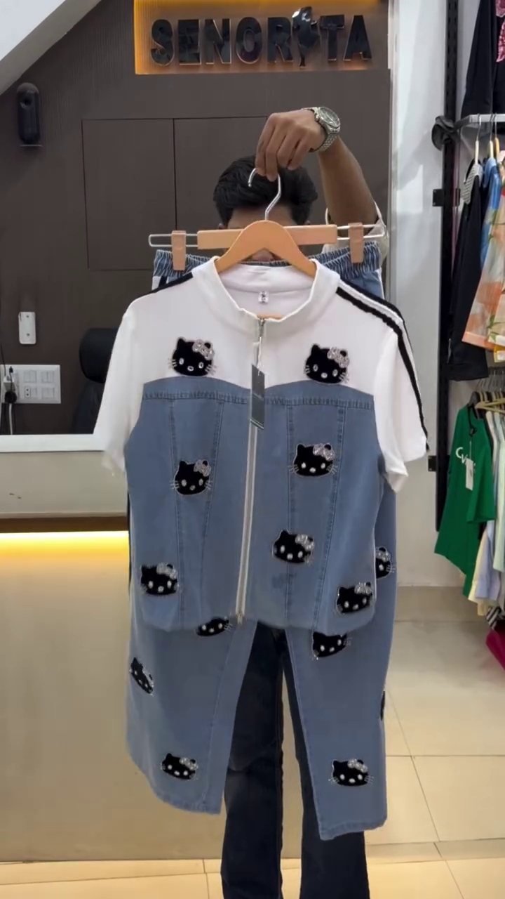 Trendy Mickey Mouse Printed Denim Co-Ord Set with Black Track Jacket and Matching Jogger Pants for a Fun Casual Look