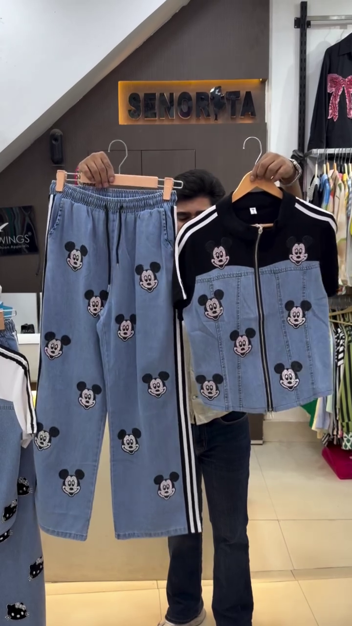Trendy Mickey Mouse Printed Denim Co-Ord Set with Black Track Jacket and Matching Jogger Pants for a Fun Casual Look